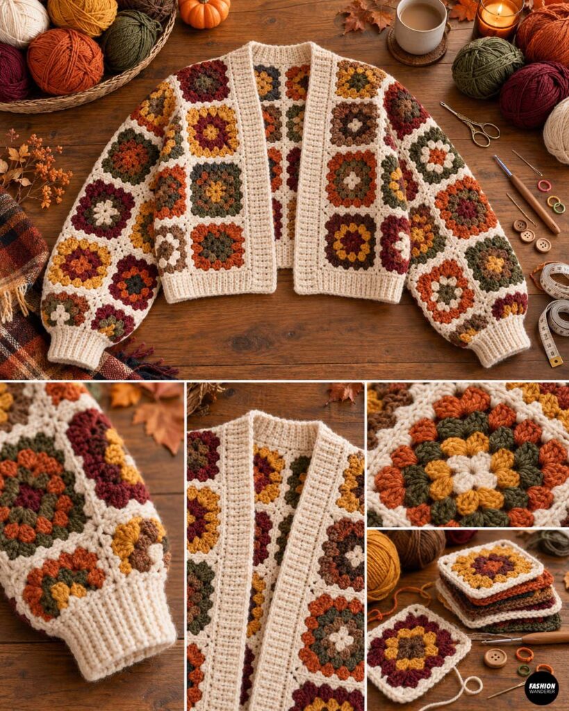 Finished granny square cropped cardigan with relaxed open-front fit, cream ribbed edging, and colorful autumn granny squares in rust, mustard, olive, burgundy, and brown.