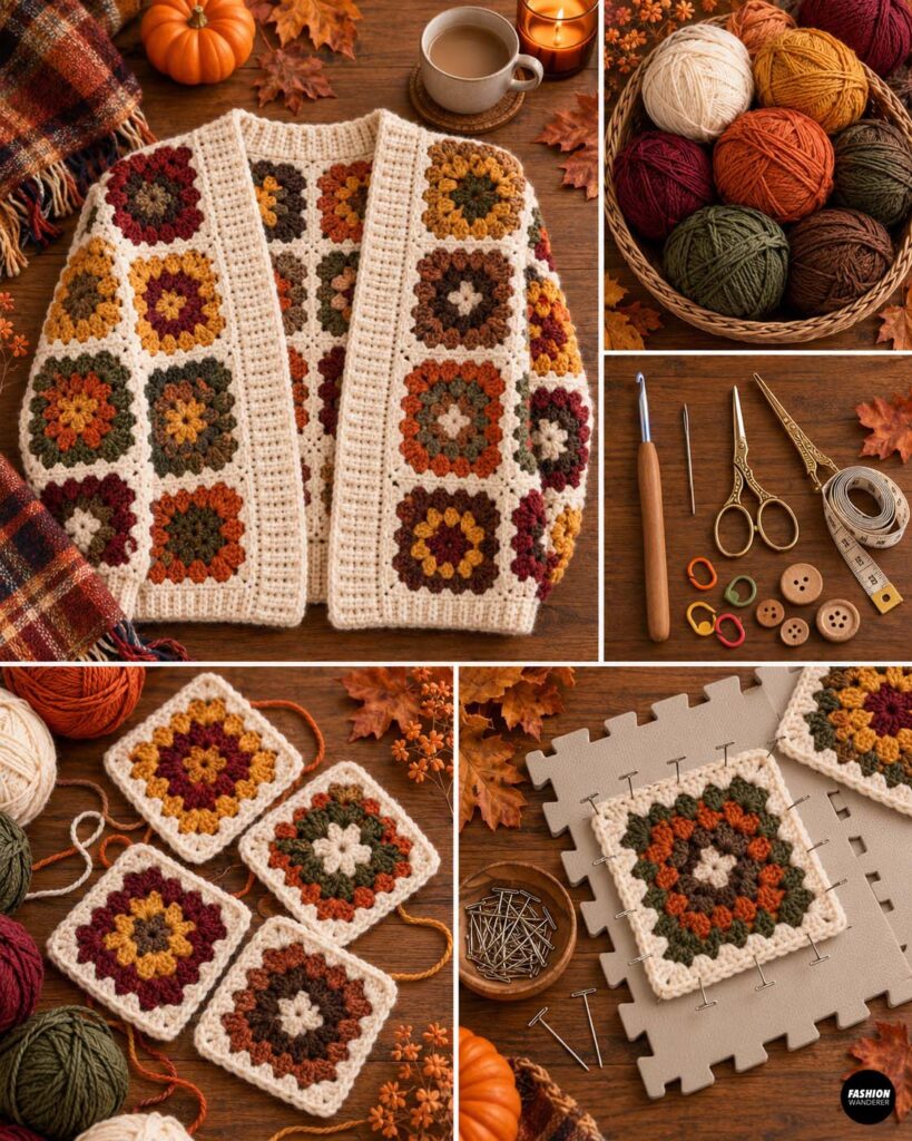 Granny square cropped cardigan crochet project shown with fall-colored yarn, crochet hook, scissors, stitch markers, measuring tape, buttons, and finished granny square motifs.