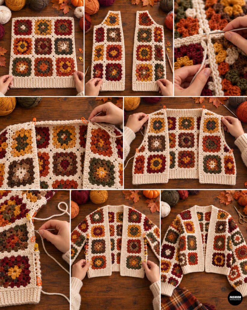 Crochet granny square cardigan construction showing back and front panels joined at the shoulders and sides before sleeves are attached.