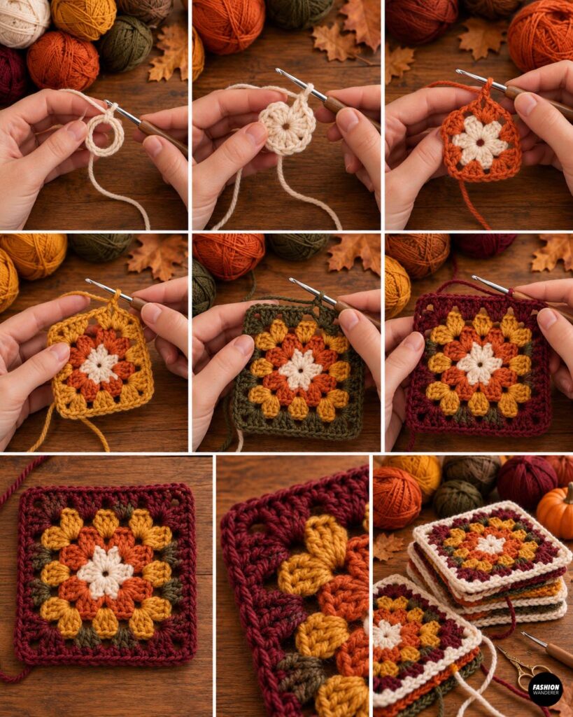 Step-by-step crochet granny square tutorial showing the motif growing from a center ring through multiple rounds in cream, orange, mustard, olive, and burgundy yarn.