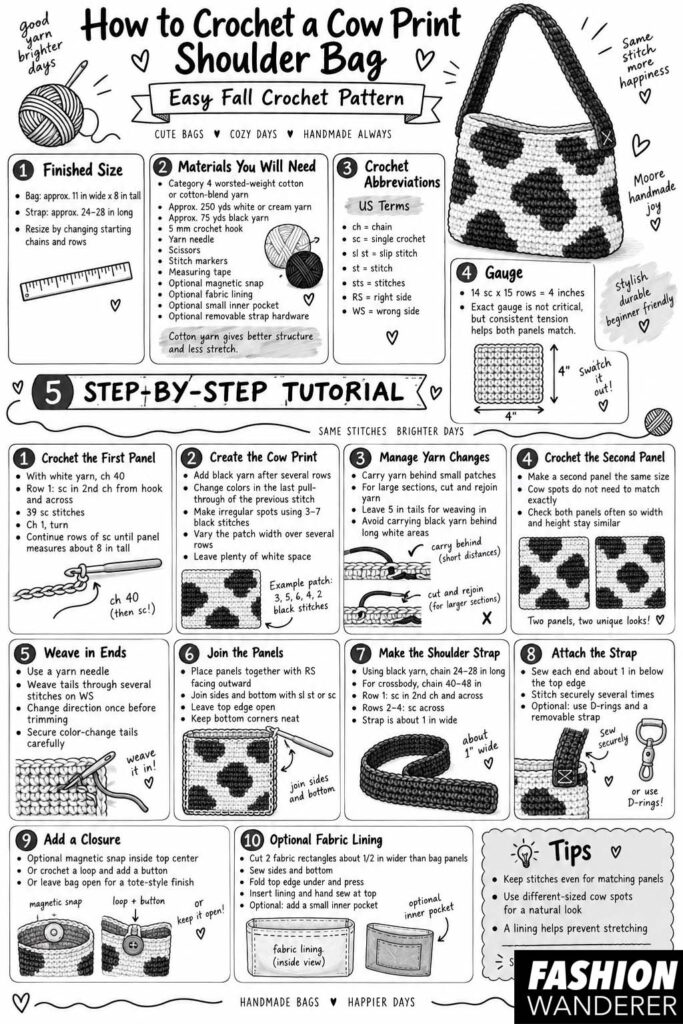 Black and white illustrated tutorial showing how to crochet a cow print shoulder bag, including materials, gauge, cow print panels, strap, closure, lining, and assembly steps.