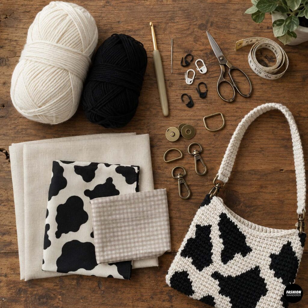 Materials for a crochet cow print shoulder bag including cream and black yarn, crochet hook, yarn needle, scissors, stitch markers, measuring tape, hardware, fabric lining, and finished bag.