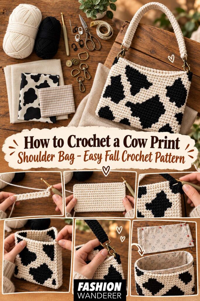 How to crochet a cow print shoulder bag tutorial featuring a finished black and cream crochet purse, materials, crochet steps, strap attachment, and fabric lining.