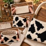 Crochet cow print shoulder bag with black and cream yarn, crochet tools, fabric lining, and step-by-step project photos on a rustic wooden table.
