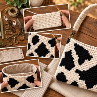 Crochet cow print shoulder bag with black and cream yarn, crochet tools, fabric lining, and step-by-step project photos on a rustic wooden table.
