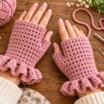 Finished pair of dusty pink crochet fingerless gloves with oversized ruffle cuffs worn on both hands, styled on a wooden table with yarn, crochet tools, flowers, and greenery.