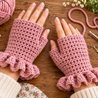 Finished pair of dusty pink crochet fingerless gloves with oversized ruffle cuffs worn on both hands, styled on a wooden table with yarn, crochet tools, flowers, and greenery.