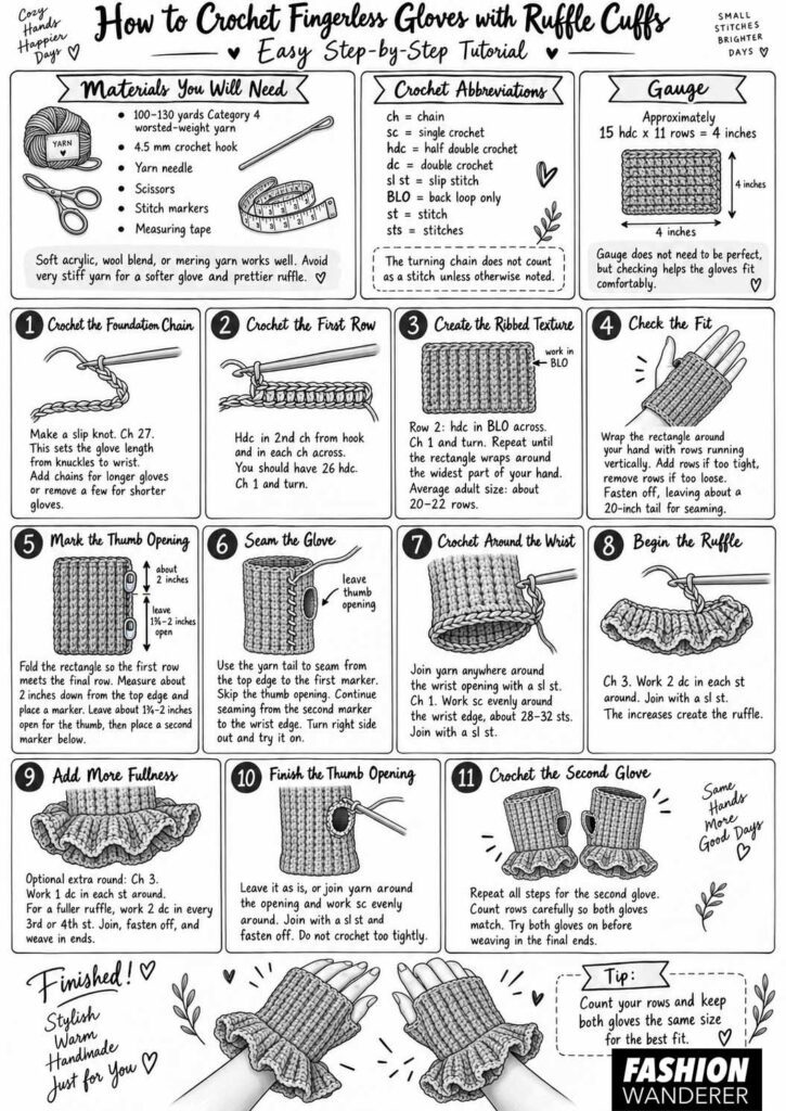 Beginner-friendly crochet infographic showing materials, gauge, abbreviations, and 11 illustrated steps for making fingerless gloves with decorative ruffle cuffs.
