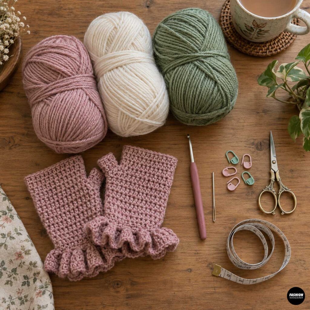 Pink crochet fingerless gloves with ruffle cuffs displayed on a wooden table with pink, cream, and sage yarn, crochet hook, yarn needle, stitch markers, scissors, and measuring tape.