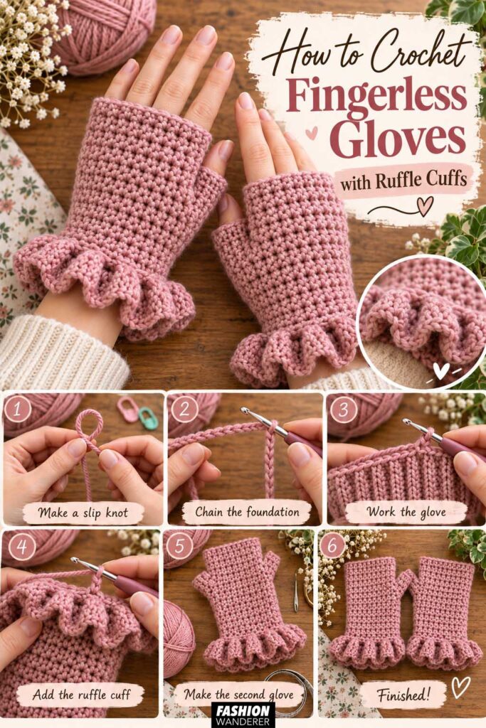 Vertical Pinterest tutorial pin featuring pink crochet fingerless gloves with ruffle cuffs, close-up finished details, and six beginner-friendly crochet steps.