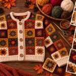 Finished granny square cropped cardigan in warm fall colors displayed on a wooden table with yarn, crochet tools, autumn leaves, candle, and close-up detail photos.