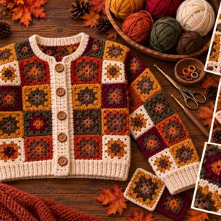 Finished granny square cropped cardigan in warm fall colors displayed on a wooden table with yarn, crochet tools, autumn leaves, candle, and close-up detail photos.