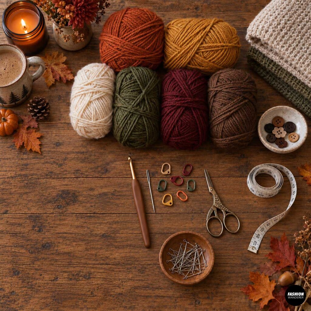 Flat lay of crochet supplies for a fall granny square cardigan, including worsted-weight yarn in rust, mustard, cream, olive, burgundy, and brown, crochet hook, yarn needle, stitch markers, scissors, pins, buttons, and measuring tape.