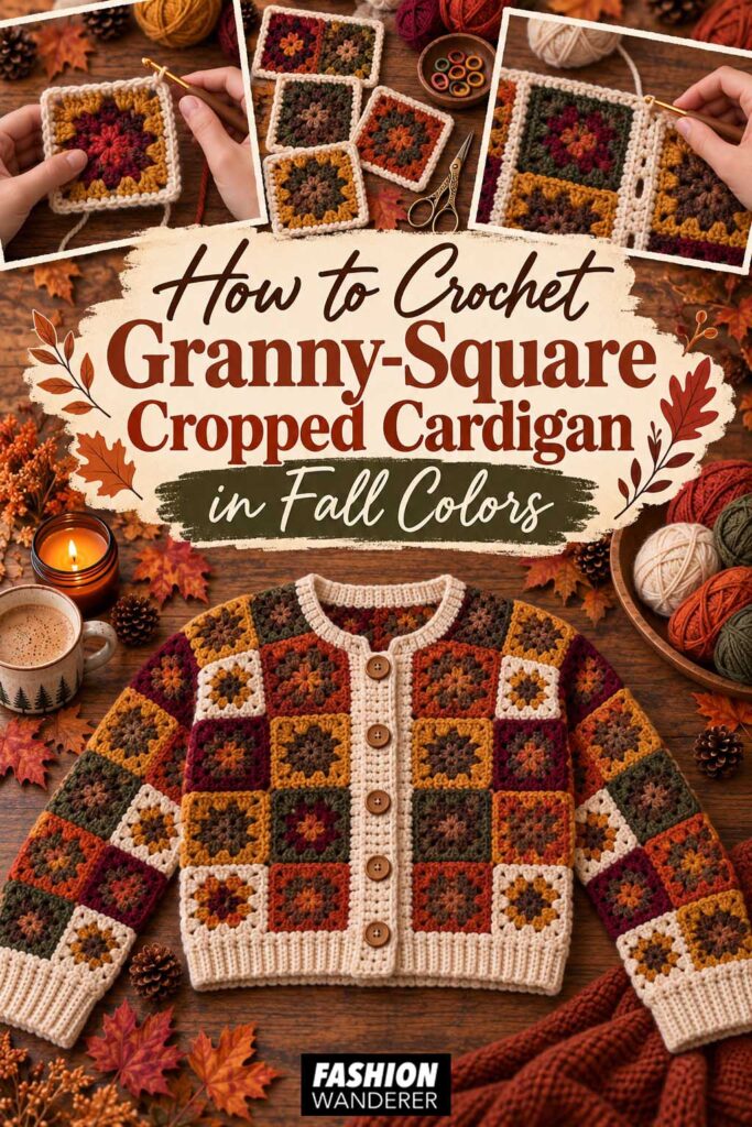 Fall crochet tutorial pin featuring a handmade granny square cropped cardigan in rust, mustard, burgundy, olive green, brown, and cream, with close-up crochet process photos and autumn styling.