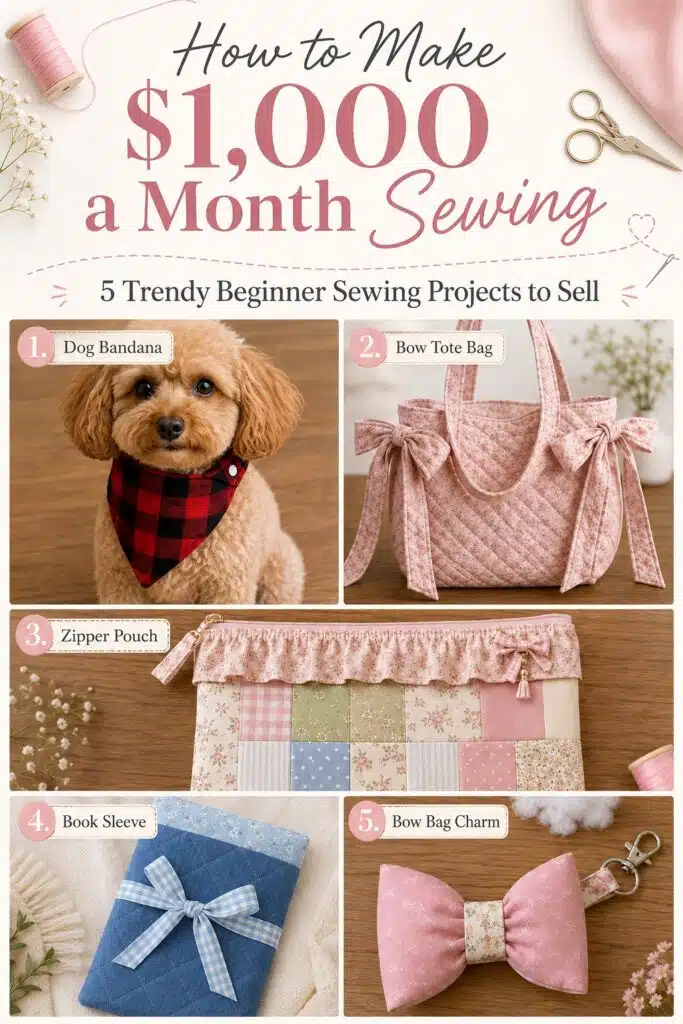 How to make $1,000 a month sewing with five trendy beginner sewing projects to sell, including a dog bandana, bow tote bag, zipper pouch, book sleeve, and fabric bow bag charm.
