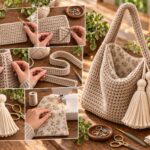 Slouchy beige crochet shoulder bag with oversized cream tassels and floral fabric lining displayed on a wooden craft table with crochet tutorial steps.