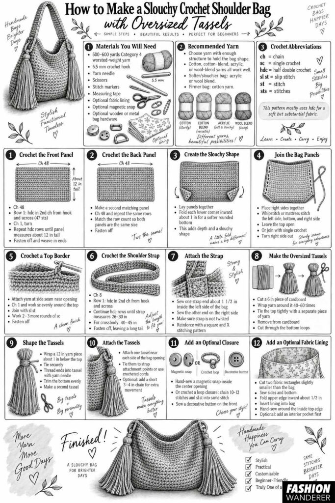 Hand-drawn step-by-step infographic showing how to crochet a slouchy shoulder bag with oversized tassels, including panels, strap, lining, and closure.
