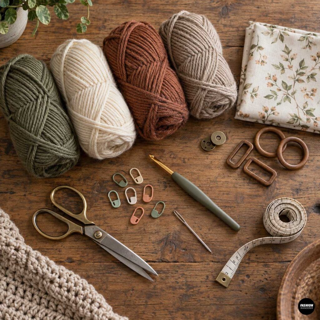 Crochet shoulder bag supplies arranged on a wooden table, including yarn, crochet hook, scissors, stitch markers, yarn needle, measuring tape, hardware, and floral lining fabric.