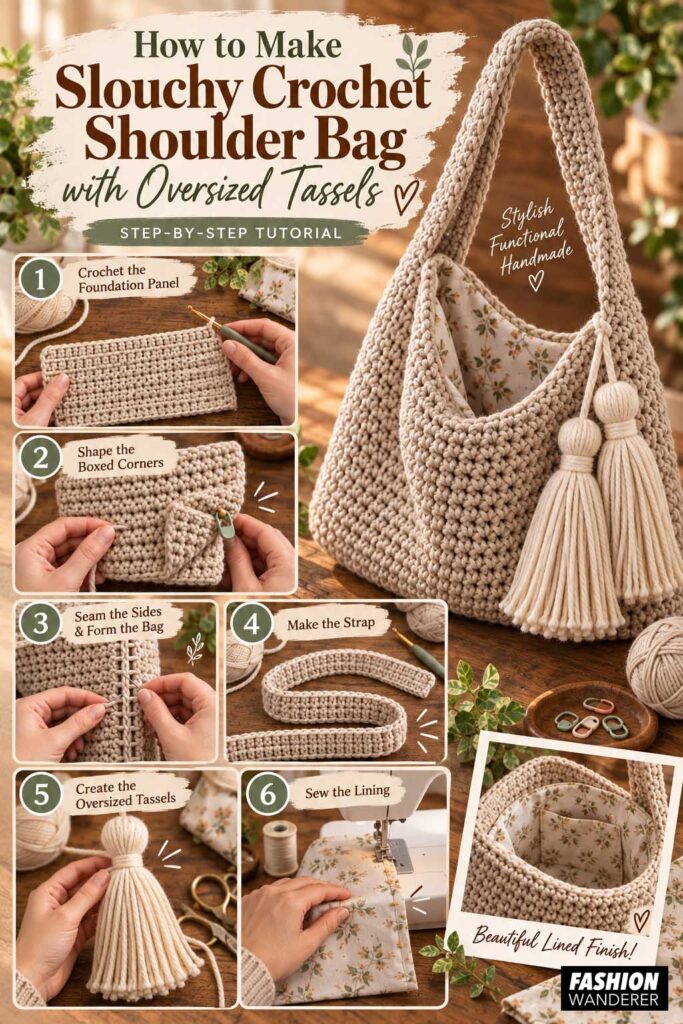 Vertical crochet tutorial graphic showing how to make a slouchy crochet shoulder bag with oversized tassels, floral lining, strap, and step-by-step process photos.
