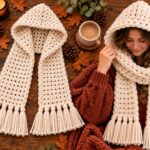 Chunky cream crochet hooded scarf with fringe displayed on a rustic fall table beside a woman modeling the finished scarf and oversized hood.