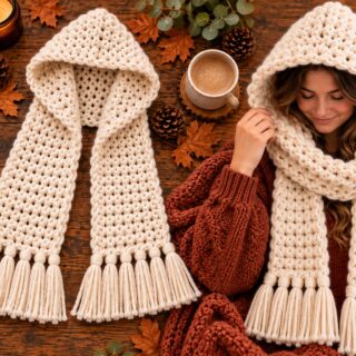 Chunky cream crochet hooded scarf with fringe displayed on a rustic fall table beside a woman modeling the finished scarf and oversized hood.