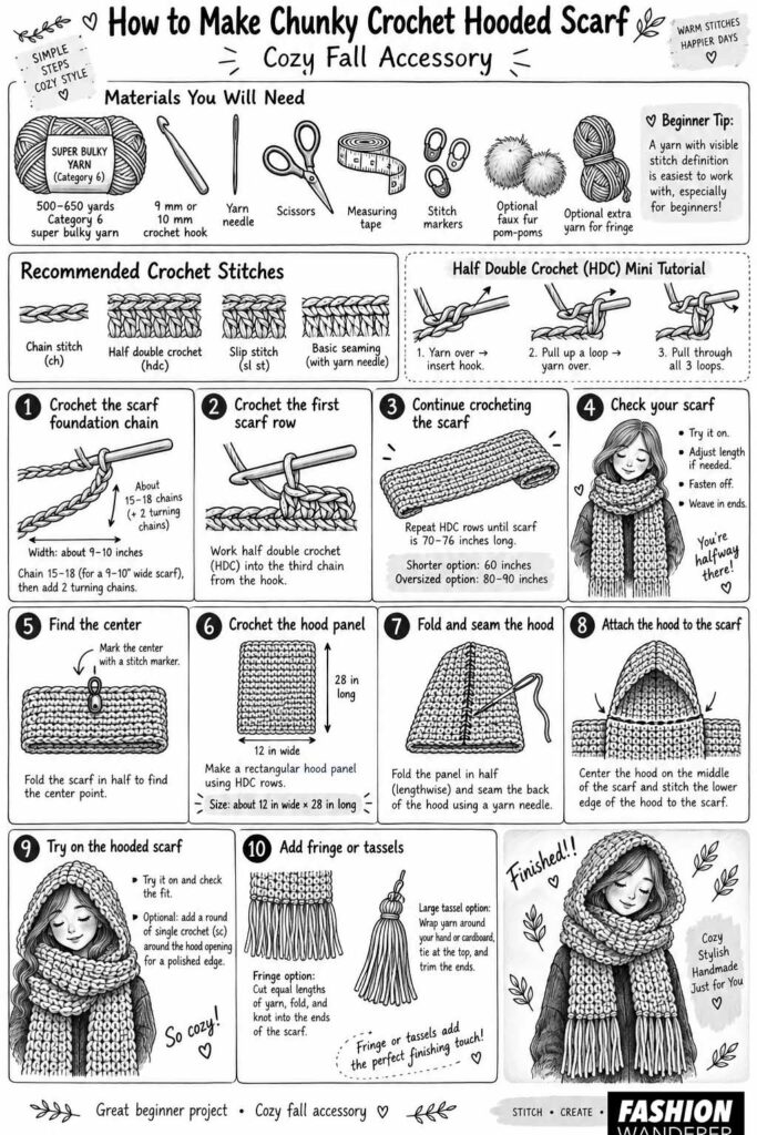 How to make a chunky crochet hooded scarf infographic with beginner-friendly steps, crochet stitches, hood construction, and fringe finishing instructions.