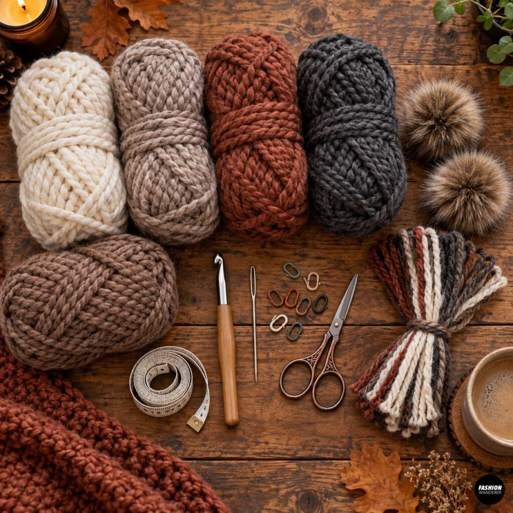 Chunky crochet hooded scarf supplies with super bulky yarn, crochet hook, yarn needle, scissors, stitch markers, measuring tape, faux fur pom-poms, and fringe yarn on a rustic wood table.