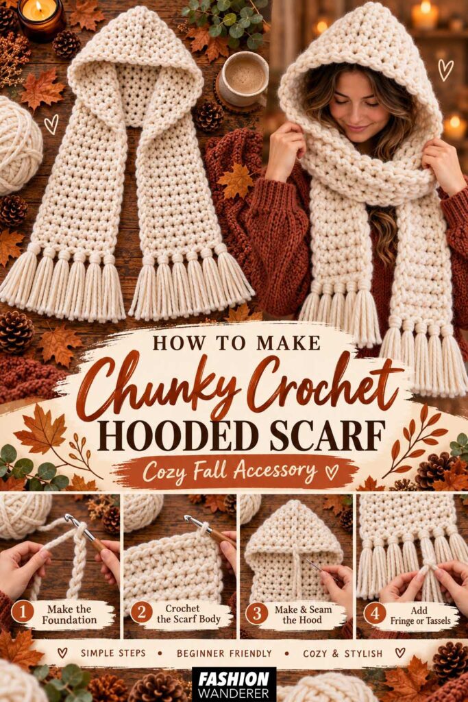 Vertical Pinterest tutorial graphic for How to Make a Chunky Crochet Hooded Scarf, featuring the finished cream scarf, model, and four beginner crochet steps.