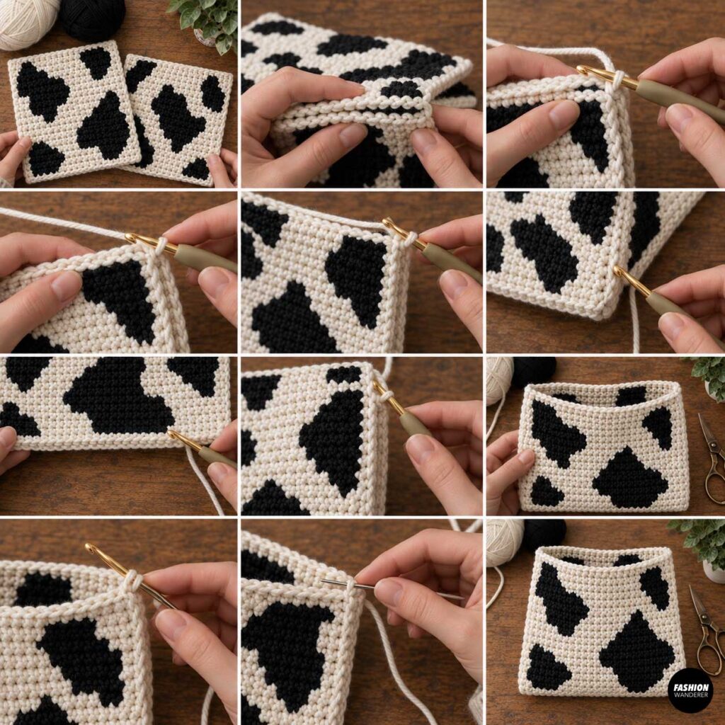 Step-by-step collage showing two cow print crochet panels aligned and crocheted together around the sides and bottom to form the shoulder bag.