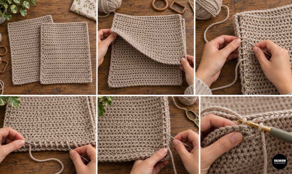 Crochet tutorial collage showing beige front and back bag panels placed together and hand stitched along the sides and bottom.
