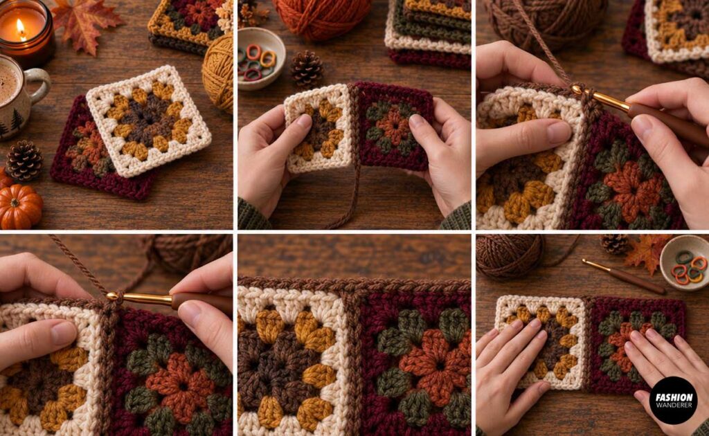 Step-by-step crochet tutorial showing two fall-colored granny squares aligned and joined together with brown yarn to create a flat seam.