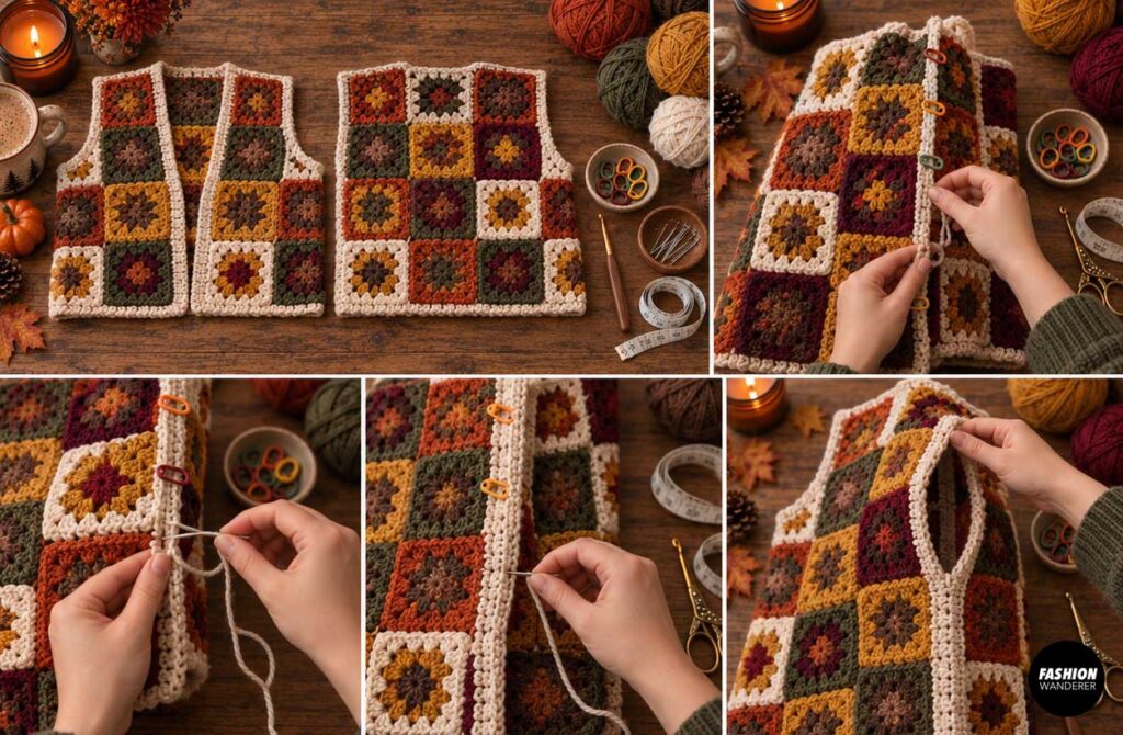 Crochet cardigan tutorial showing granny square body panels clipped together and stitched along the side seams with cream yarn.