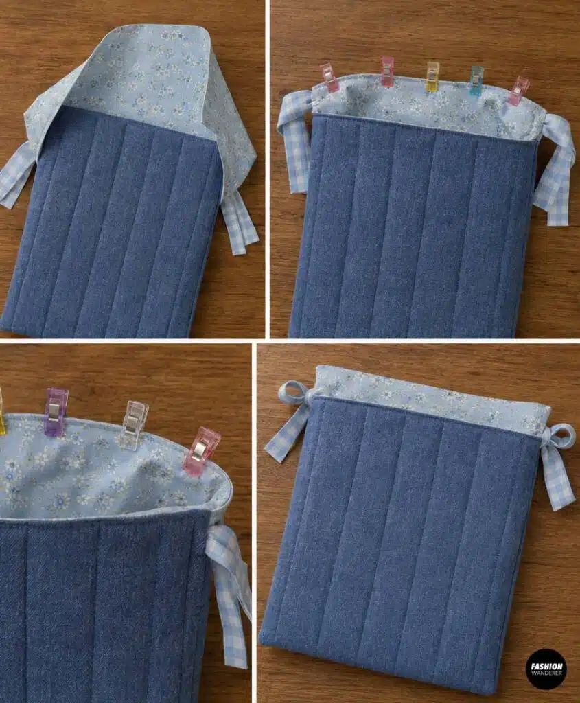 Step-by-step collage showing the floral lining placed around the blue quilted Kindle sleeve, clipped along the top opening, and prepared for sewing with gingham bow ties extending from both sides.