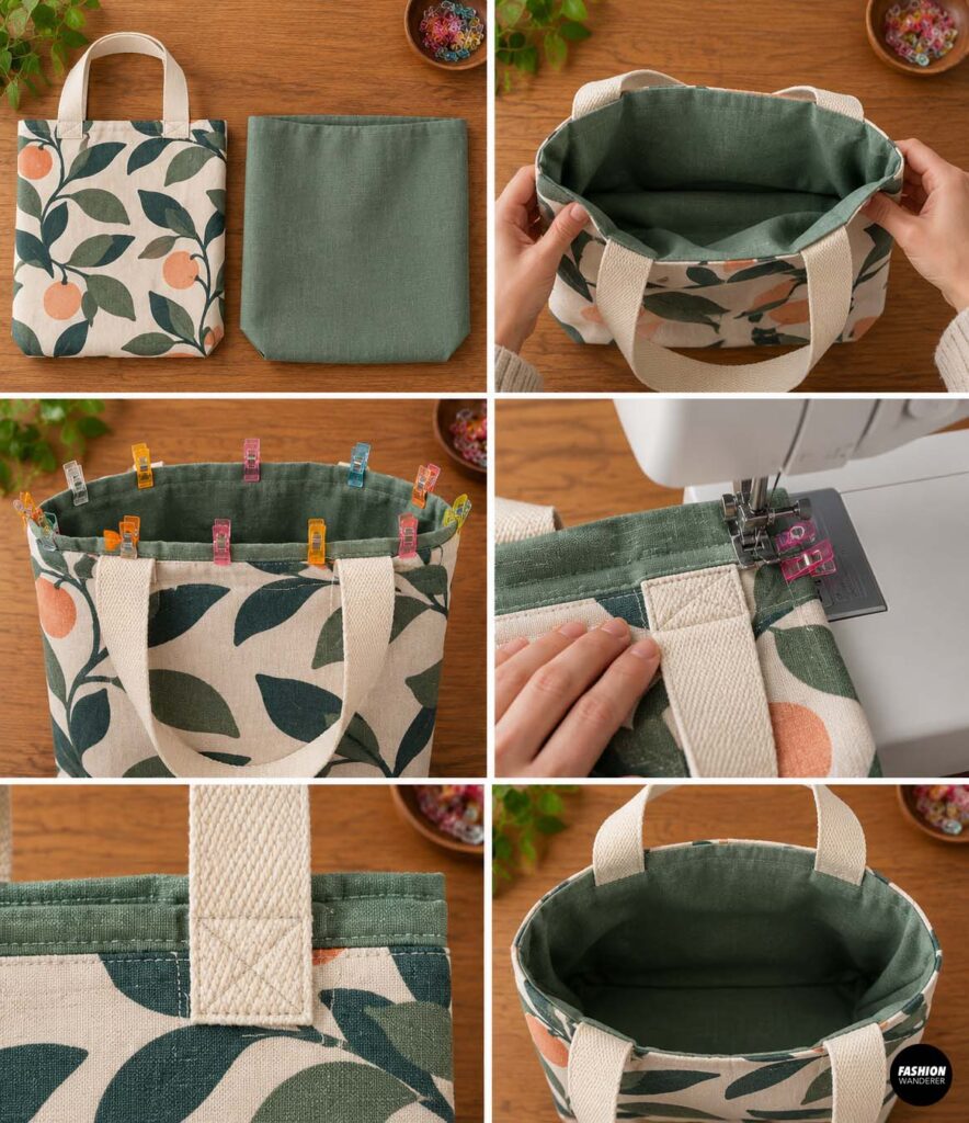 Collage showing the finished citrus print exterior bag and green lining joined at the top edge, clipped together, and stitched around the opening with cotton webbing handles in place.