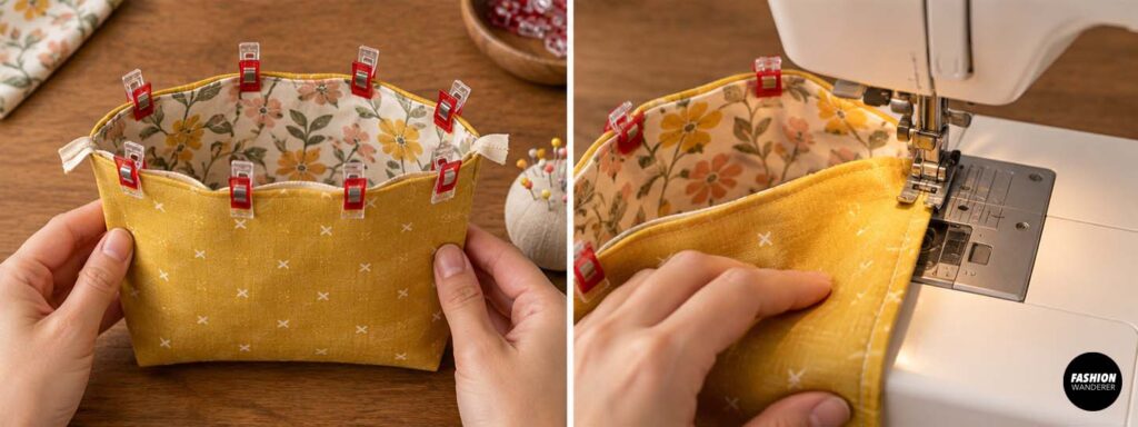 Collage showing floral exterior and mustard lining layers clipped right sides together around the top edge and sewn together with a sewing machine.