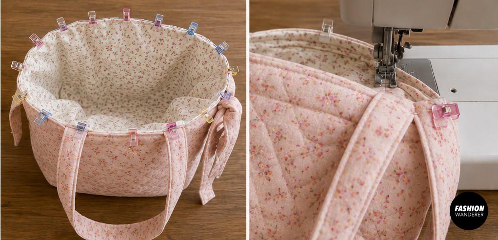 DIY quilted tote bag sewing tutorial showing the floral lining clipped inside the quilted exterior and stitched around the top edge with handles and bow ties in place.