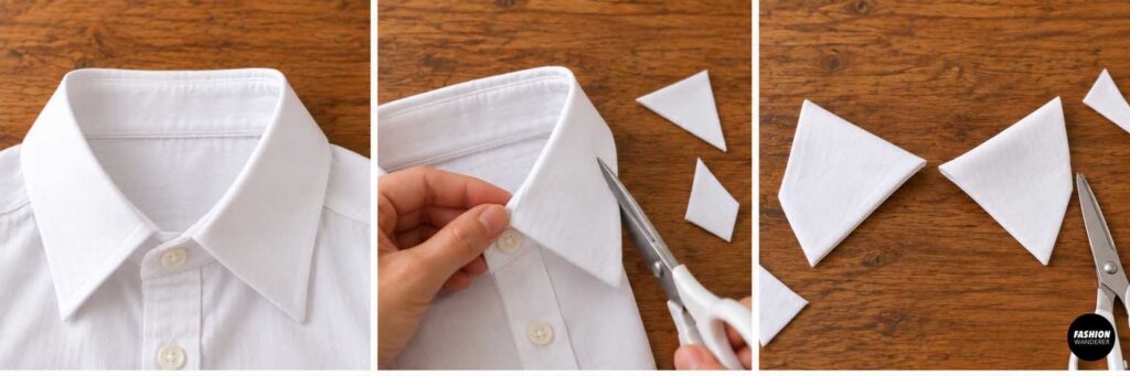 Close-up tutorial showing the original white shirt collar being trimmed and reshaped with scissors to create pointed vampire-style collar pieces.