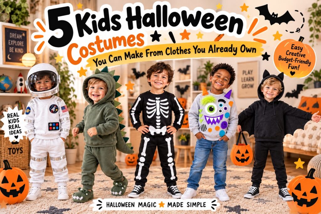 Wide blog featured image showing five children dressed as DIY astronaut, dinosaur, skeleton, monster, and bat costumes with the title &ldquo;5 Kids Halloween Costumes You Can Make From Clothes You Already Own&rdquo; in a festive Halloween design.