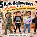 Wide blog featured image showing five children dressed as DIY astronaut, dinosaur, skeleton, monster, and bat costumes with the title &ldquo;5 Kids Halloween Costumes You Can Make From Clothes You Already Own&rdquo; in a festive Halloween design.