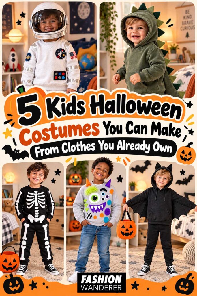 Vertical Pinterest collage titled &ldquo;5 Kids Halloween Costumes You Can Make From Clothes You Already Own,&rdquo; featuring astronaut, dinosaur, skeleton, monster, and bat costumes made from everyday kids&rsquo; clothing.