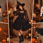 Collage of five DIY Halloween clothing costumes including a skeleton outfit, black witch dress, Victorian ghost blouse, orange pumpkin sweatshirt dress, and black bat wing hoodie in autumn Halloween settings.