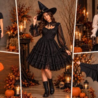 Collage of five DIY Halloween clothing costumes including a skeleton outfit, black witch dress, Victorian ghost blouse, orange pumpkin sweatshirt dress, and black bat wing hoodie in autumn Halloween settings.