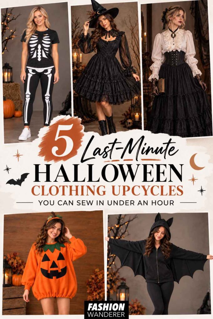 Vertical Pinterest graphic featuring five easy Halloween clothing upcycle costumes with the title &ldquo;5 Last-Minute Halloween Clothing Upcycles You Can Sew in Under an Hour,&rdquo; including skeleton, witch, Victorian ghost, pumpkin, and bat costumes.