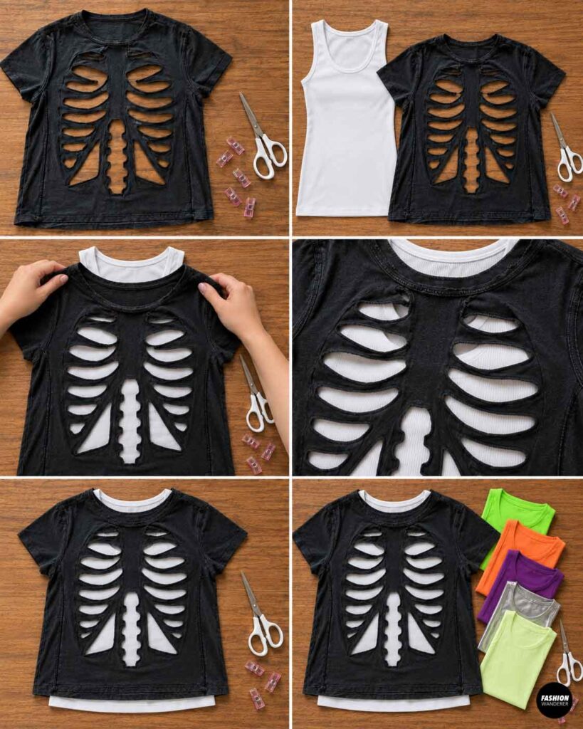 Black skeleton cutout T-shirt layered over a fitted white tank top to make the rib cage and spine cutouts stand out, with additional colorful layering options shown.