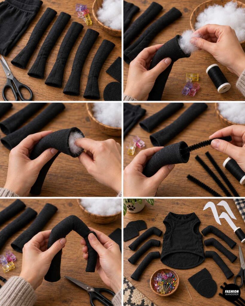 Step-by-step collage showing sewn black fabric spider legs being filled with polyester fiberfill, supported with flexible craft stems, and shaped into padded costume legs.