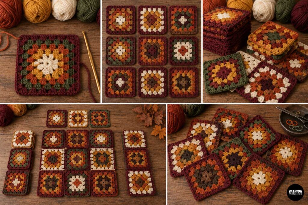 Collection of finished crochet granny squares in autumn colors including burgundy, mustard, rust, olive green, cream, and brown arranged on a wooden table.