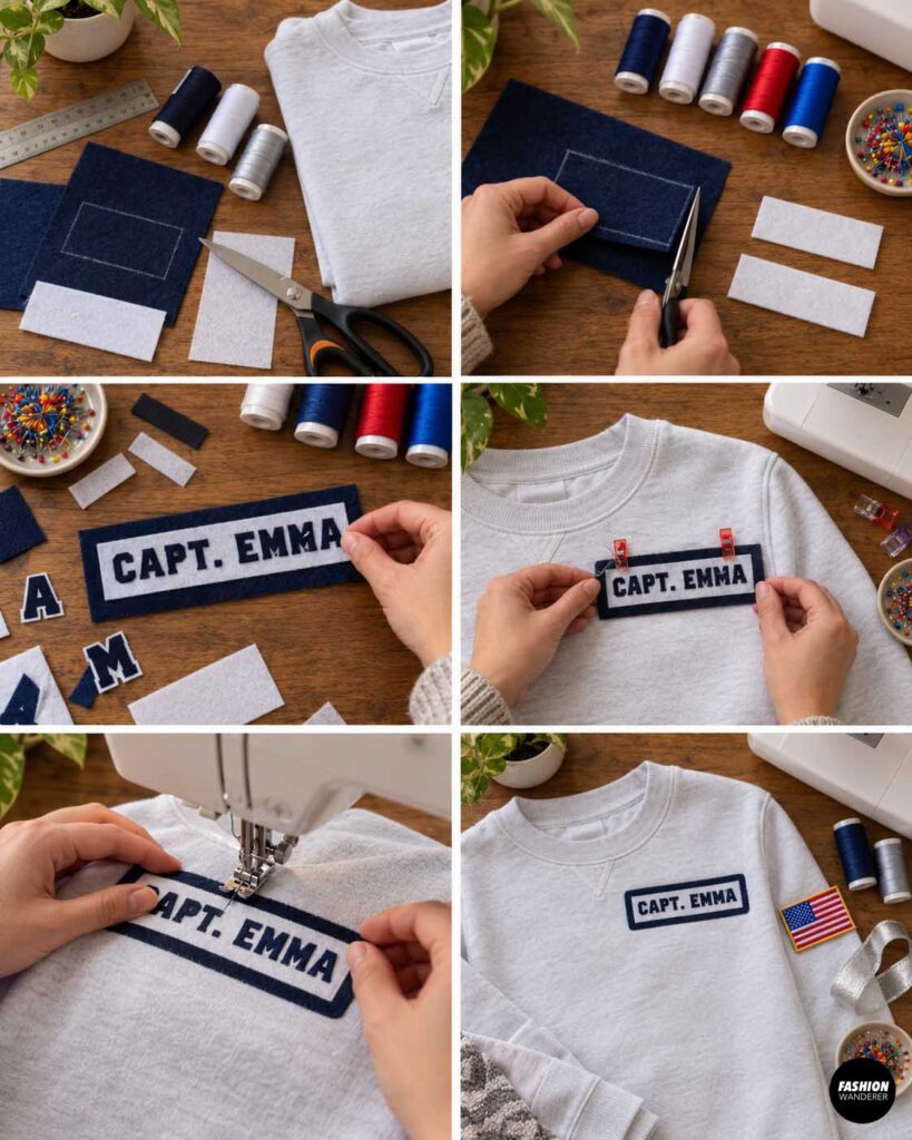 Navy and white felt pieces are cut and layered to create a personalized &ldquo;CAPT. EMMA&rdquo; astronaut name patch, then clipped and stitched onto the chest of a white sweatshirt.