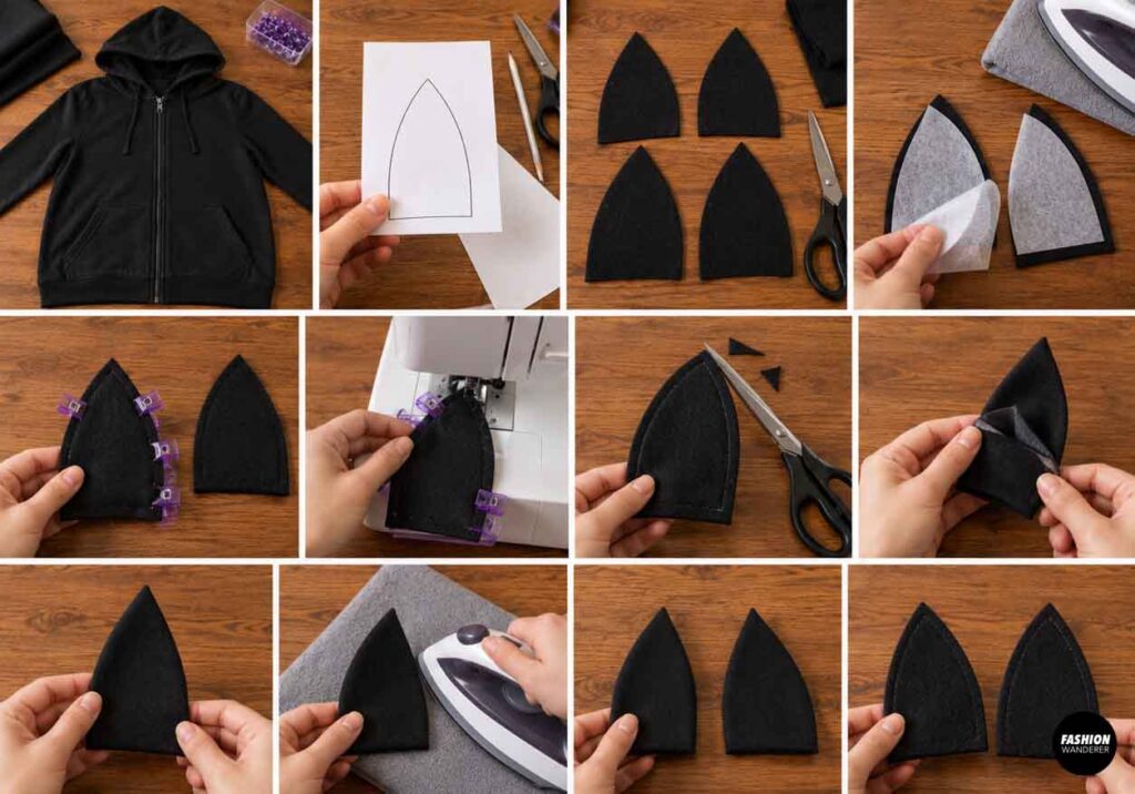 Step-by-step collage showing a paper bat ear template, black fabric pieces with interfacing, sewing, trimming, turning, pressing, and finished pointed bat ears.