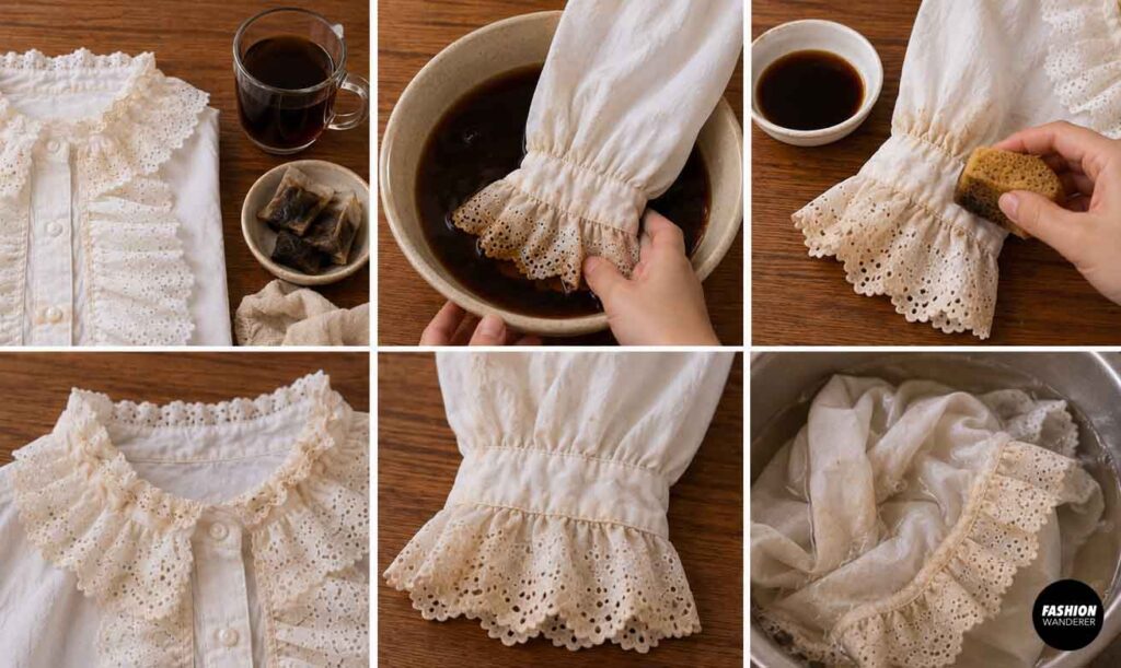 White Victorian blouse and lace cuffs being tea-stained and gently aged with brown tea to create an antique ghost costume appearance.