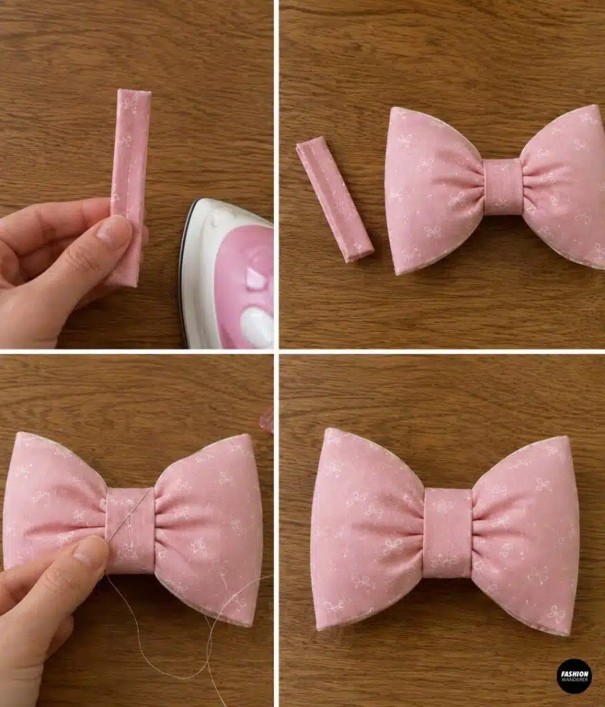 Four-step collage showing a narrow pink fabric strip pressed into a neat band, wrapped around the gathered center of a puffy fabric bow, and hand stitched securely in place.